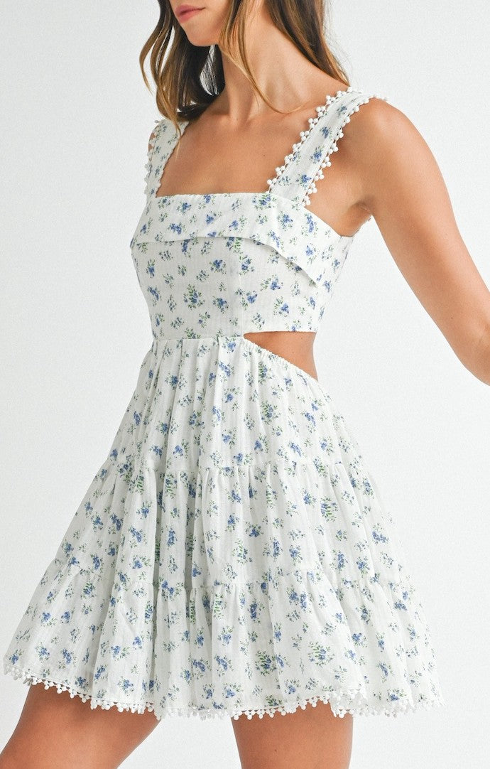 Mable Blue Floral Cut Out Tiered Mini Dress