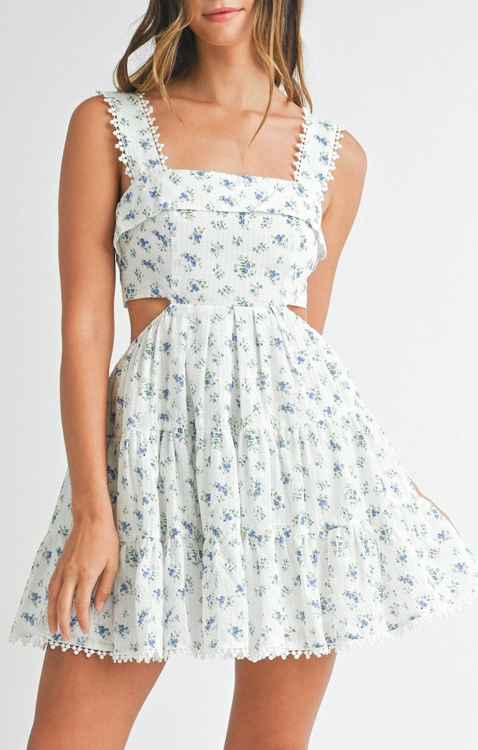 Mable Blue Floral Cut Out Tiered Mini Dress