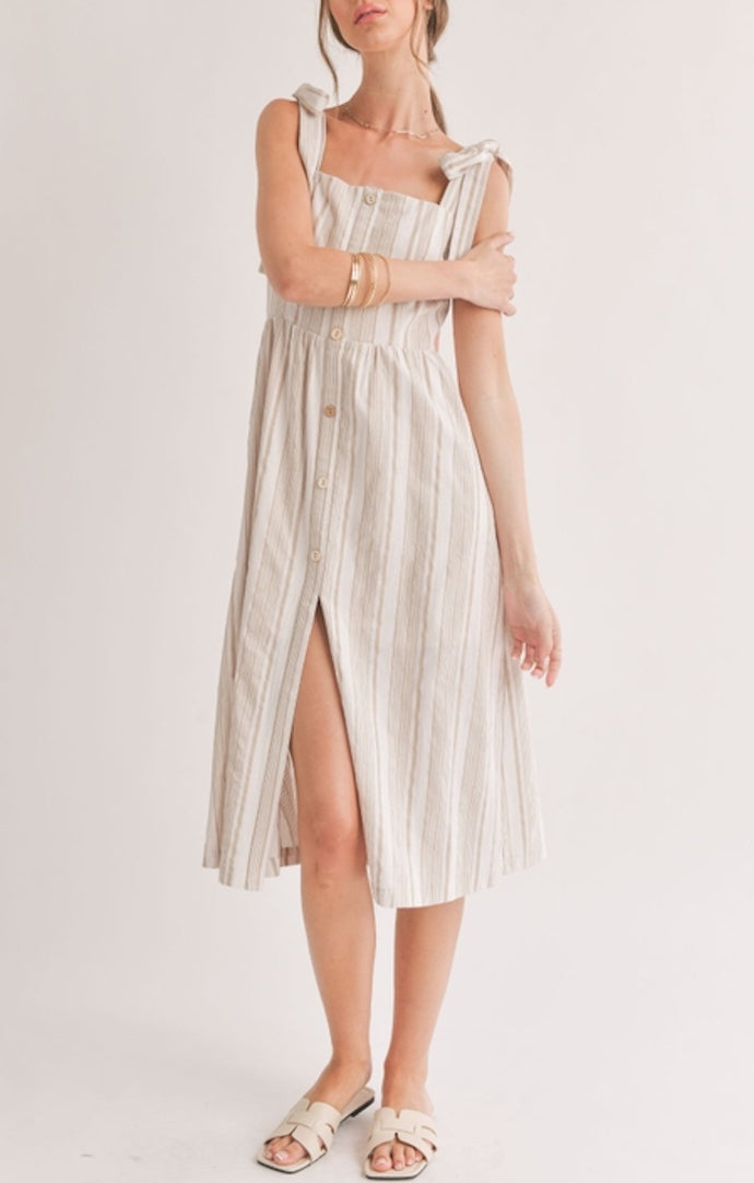 White Button Down Shirt + Striped Strapless Midi Dress (Style Pantry)