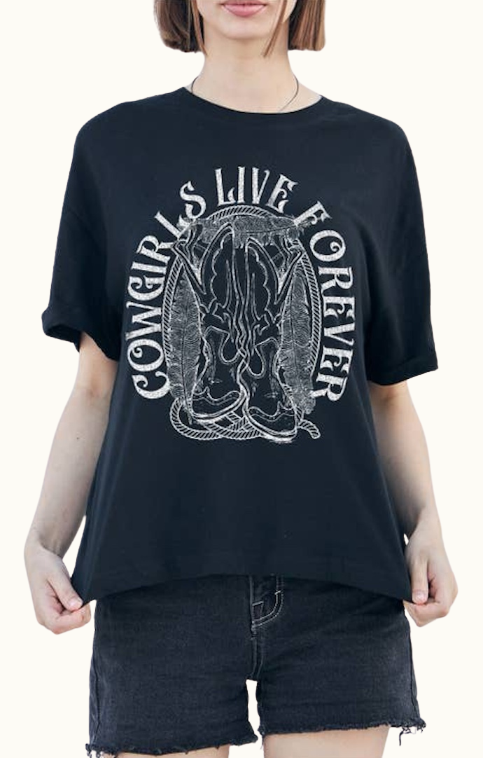 Achitopia Black "Cowgirl's Live Forever" Short Sleeve Graphic Tee