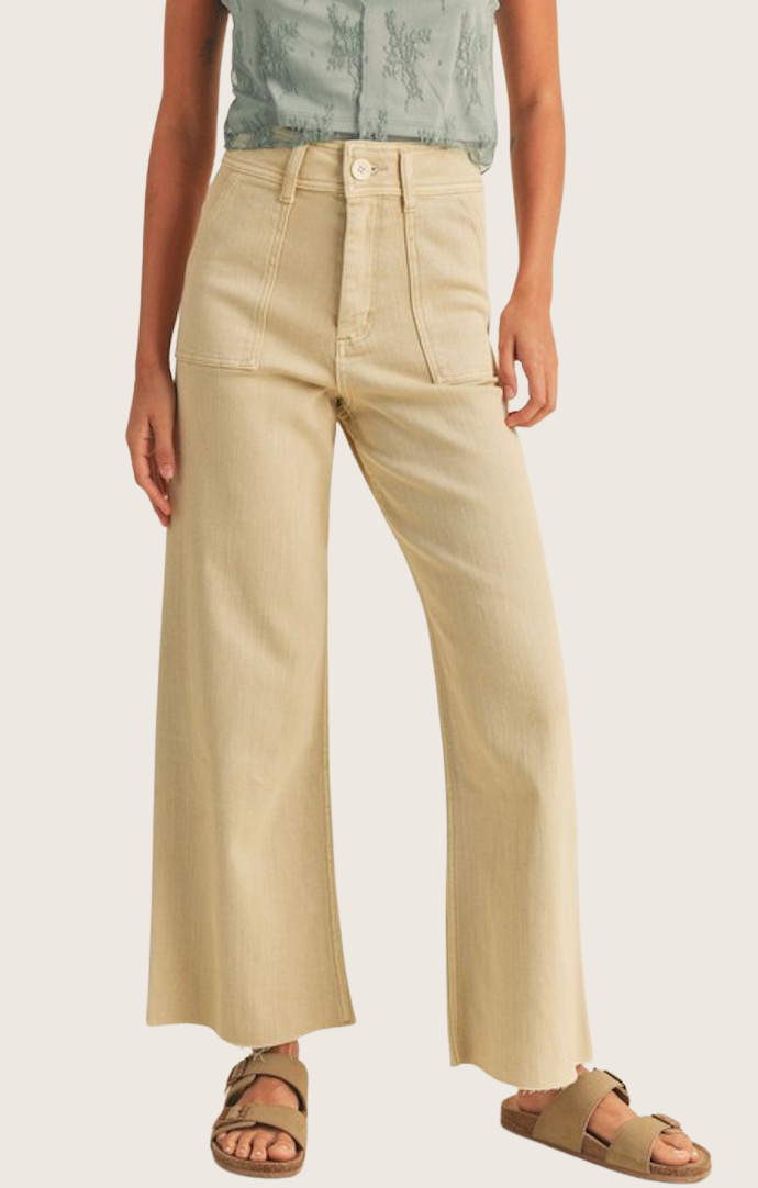 Miou Muse Beige Cotton Stretch Wide Leg Pants