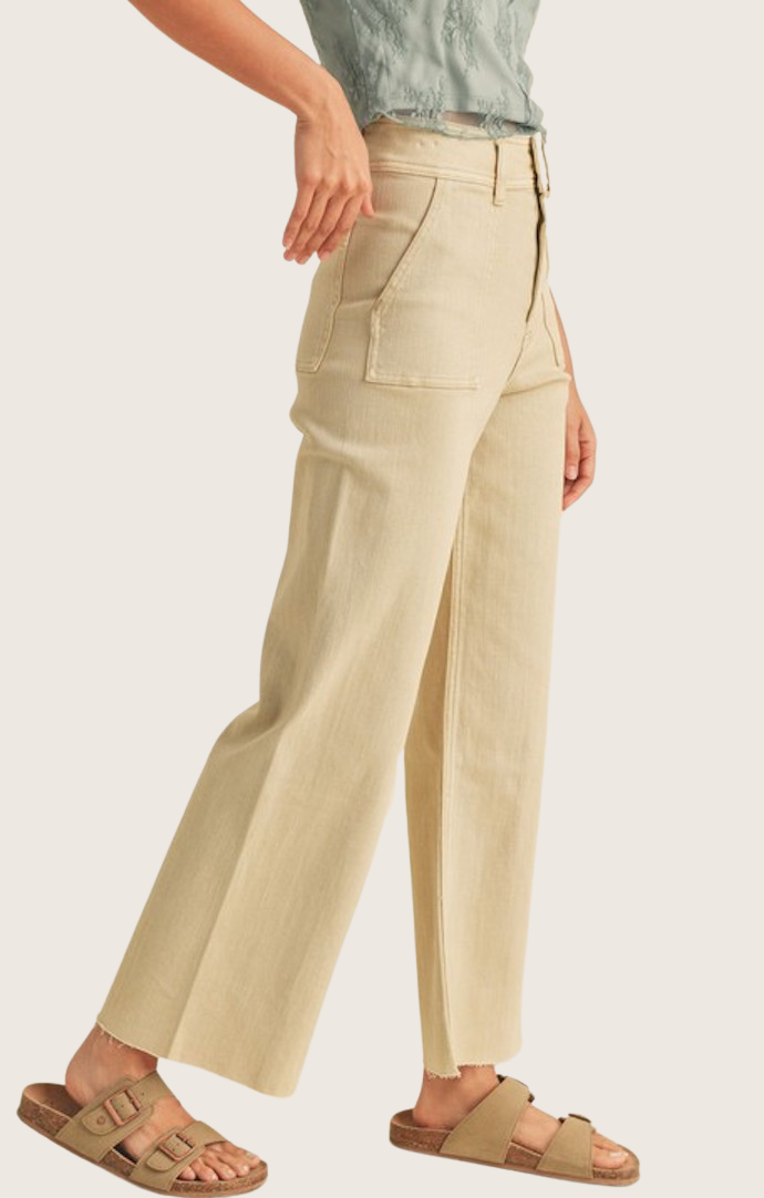 Miou Muse Beige Cotton Stretch Wide Leg Pants