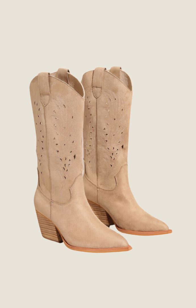 Mi'iM Beige "Olivia" Embroidered Tall Western Boot 