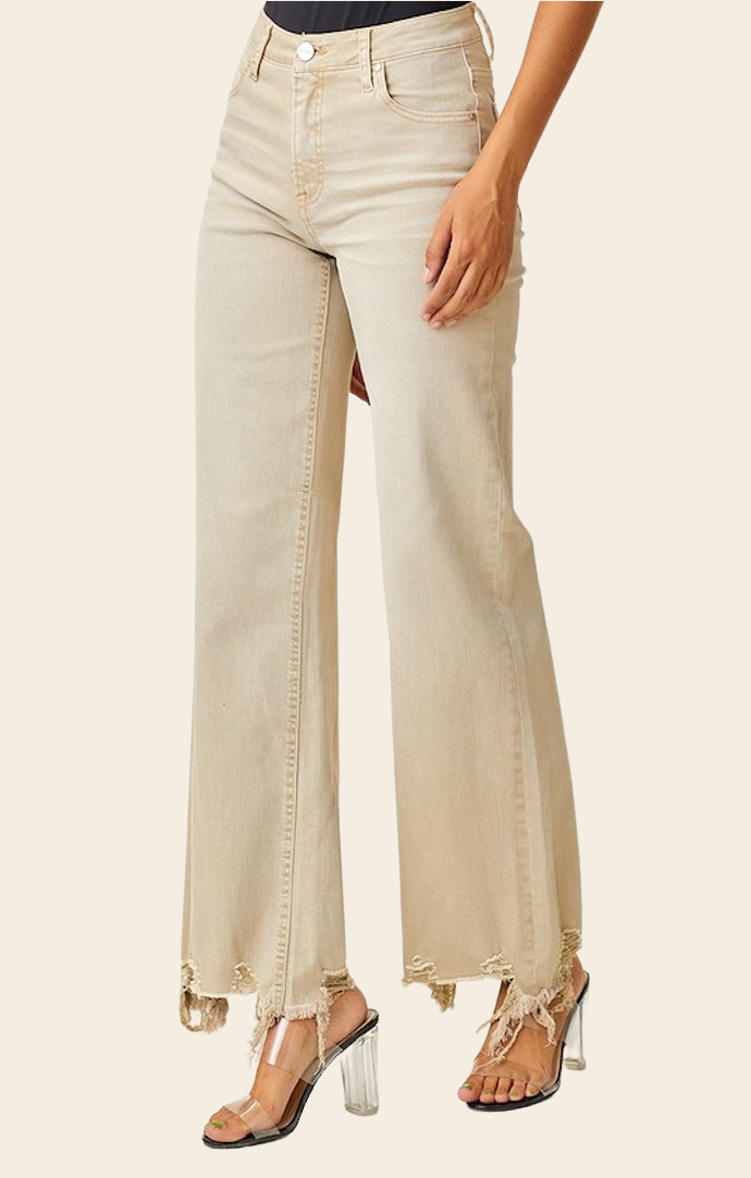 Risen Khaki High Rise Wide Leg Jeans RDP5383