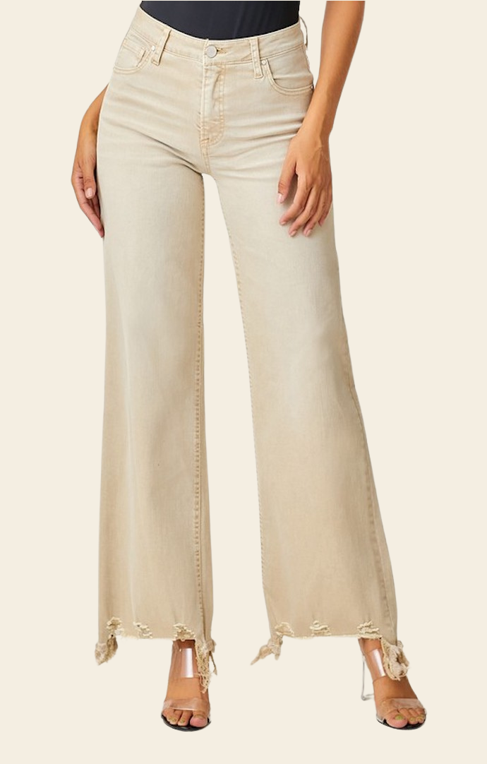 Risen Khaki High Rise Wide Leg Jeans RDP5383