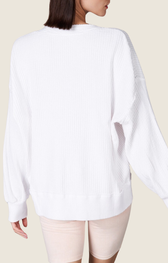 Lalamia White Deep V-Neck Waffle Long Sleeve Sweater Top