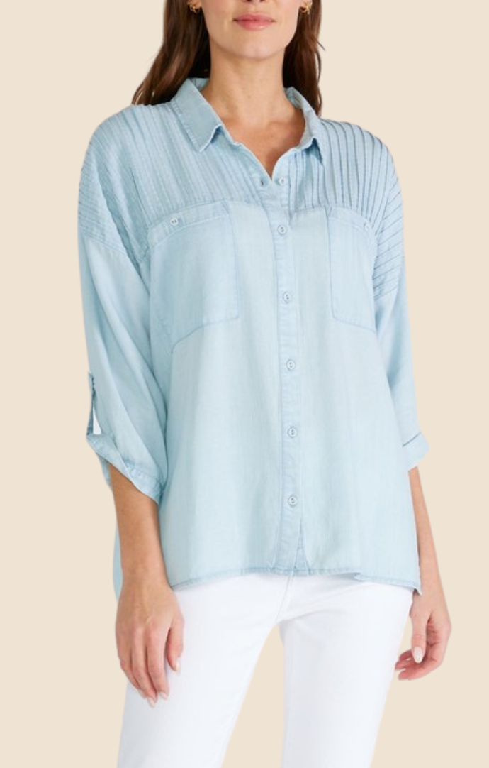 Lovestitch Light Denim Pleated Button Front Shirt I-12534W-SOA-LTDNM