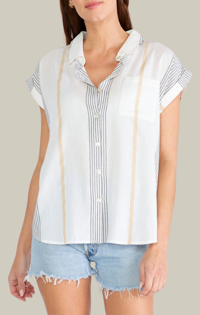 Lovestitch White, Black, Gold Metallic Striped Button Front Blouse