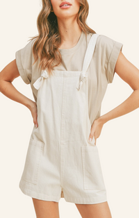 Miou Muse Oatmeal Linen Knotted Strap Overall Romper