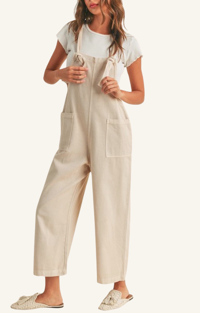 Miou Muse Oatmeal Tencel Tie Strap Jumpsuit