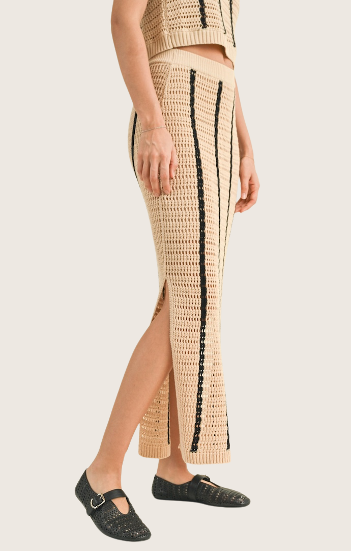 Miou Muse Tan/Black Striped Crochet Midi Skirt