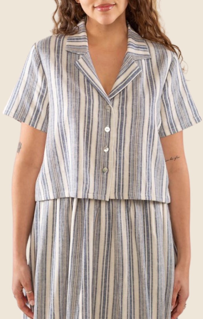No Less Than Blue/Ivory Linen Striped Button Front Short Sleeve Cropped Top