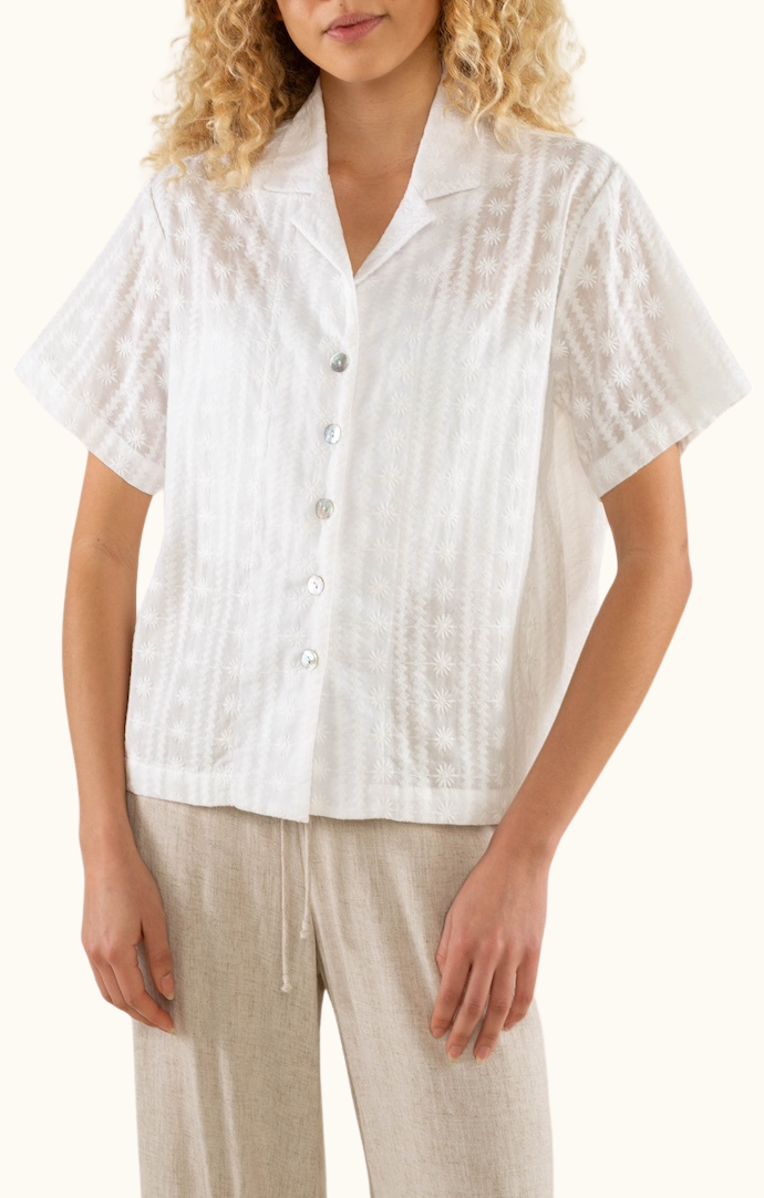 No Less Than White Semi-Sheer Embroidered Short Sleeve Blouse