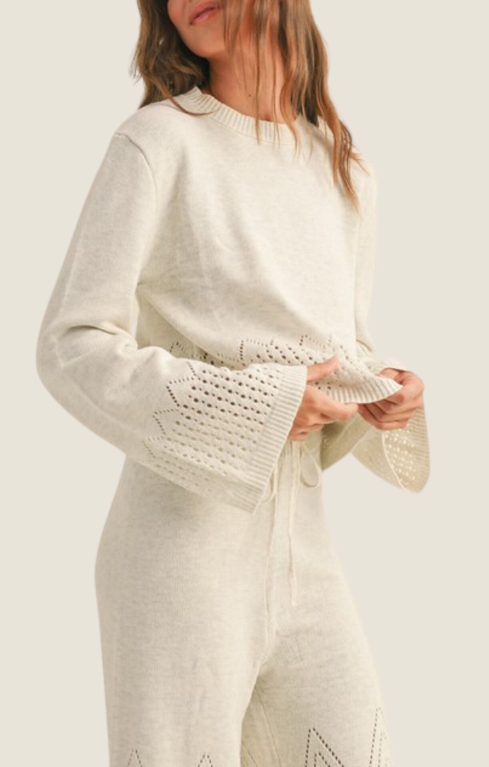 Miou Muse Oatmeal Long Sleeve Crochet Trim Sweater