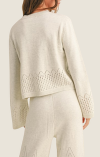 Miou Muse Oatmeal Long Sleeve Crochet Trim Sweater