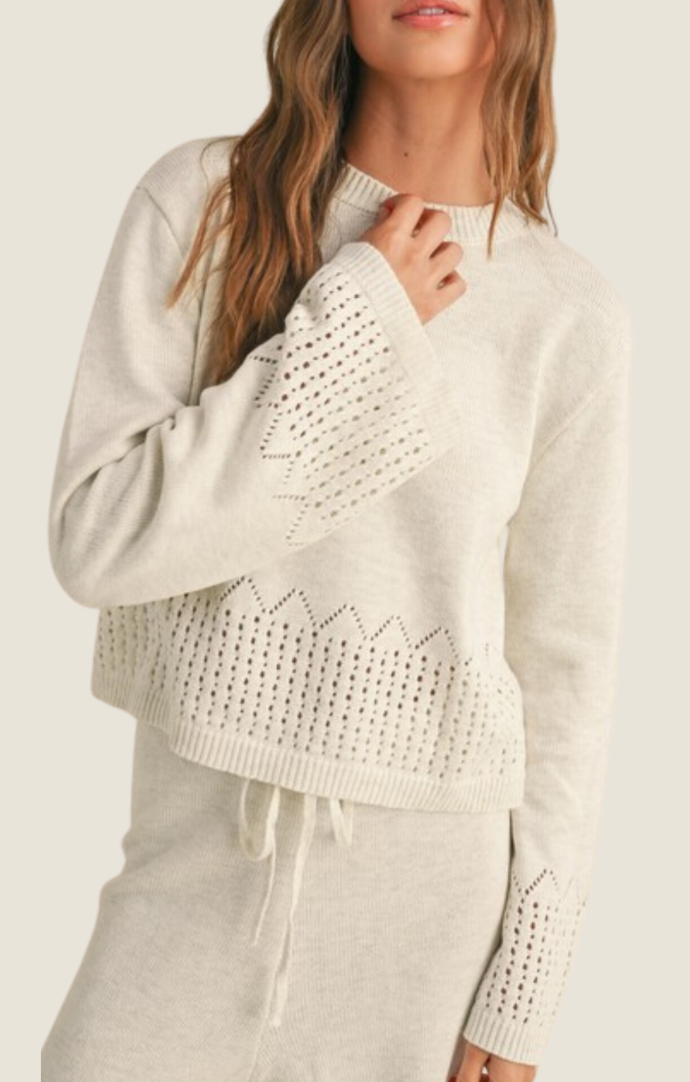 Miou Muse Oatmeal Long Sleeve Crochet Trim Sweater