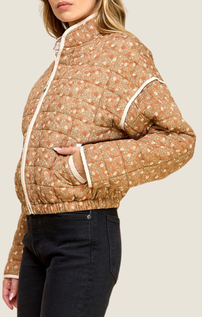 Akaiv Rust Floral Quilted Zip Front Jacket AC4057J