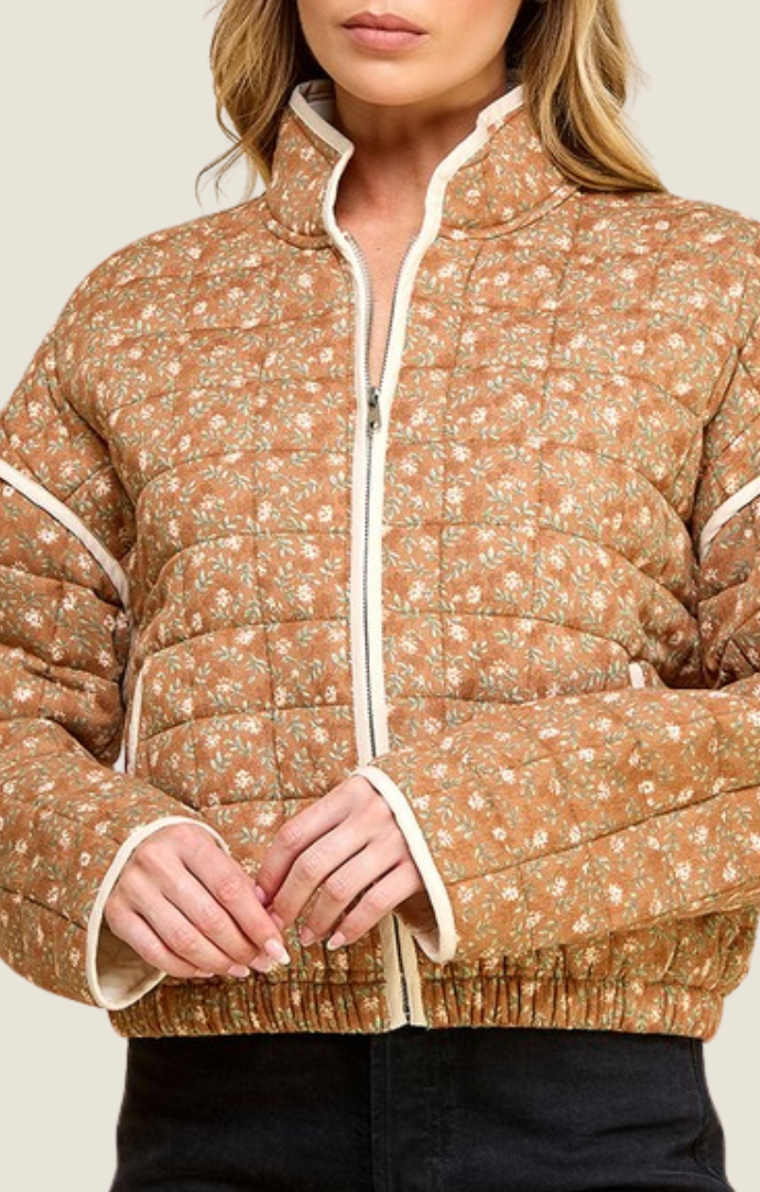 Akaiv Rust Floral Quilted Zip Front Jacket AC4057J