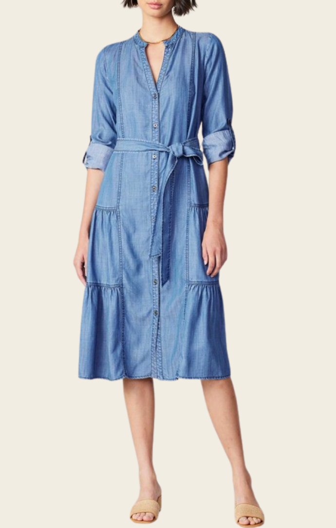 Current Air Chambray Belted Tiered Midi Dress