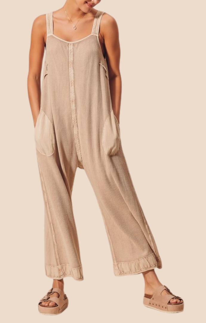 So Me Oatmeal Mineral Wash Waffle Knit Overall Sleeveless Jumpsuit