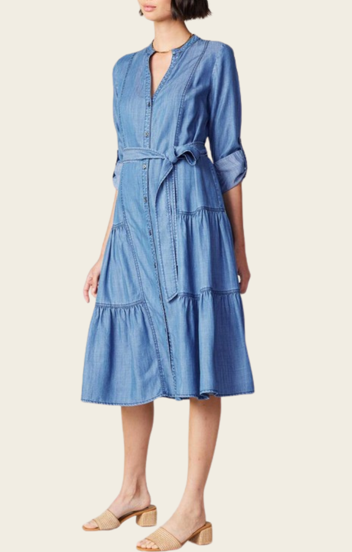 Current Air Chambray Belted Tiered Midi Dress