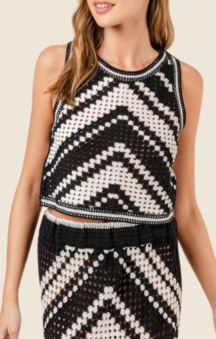 Fore Collection Black and White Crochet Knit Cropped Tank Top