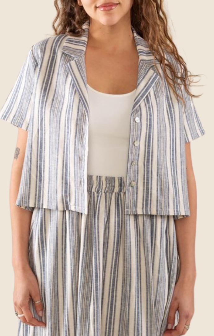 No Less Than Blue/Ivory Linen Striped Button Front Short Sleeve Cropped Top