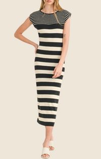 Miou Muse Ivory/Black Striped Cap Sleeve Midi Dress