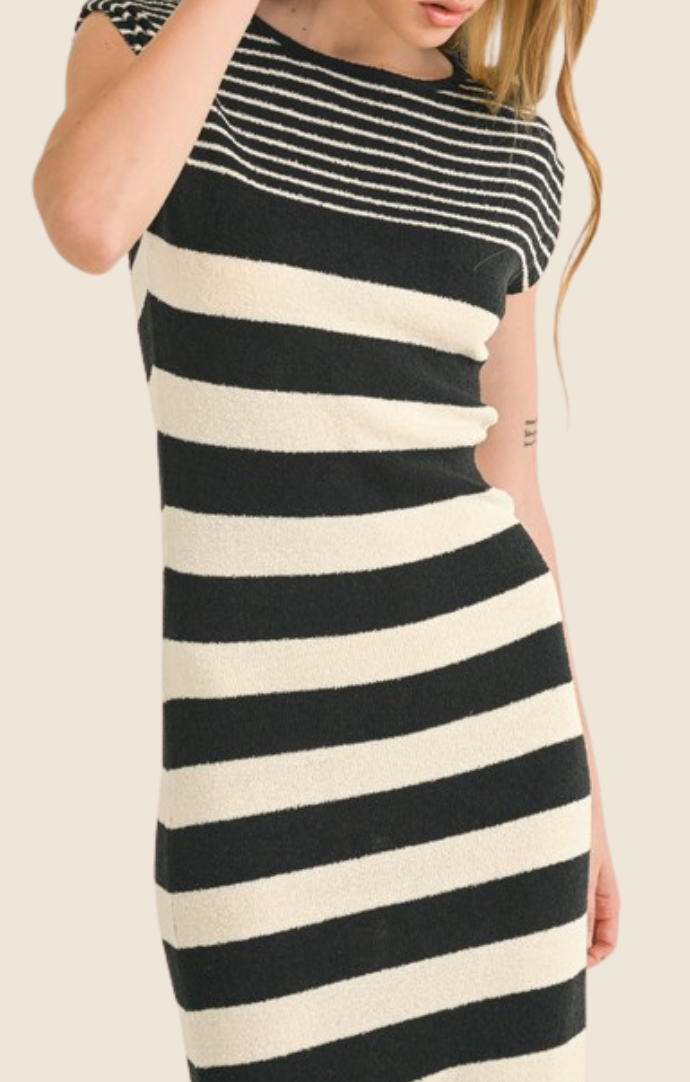 Miou Muse Ivory/Black Striped Cap Sleeve Midi Dress