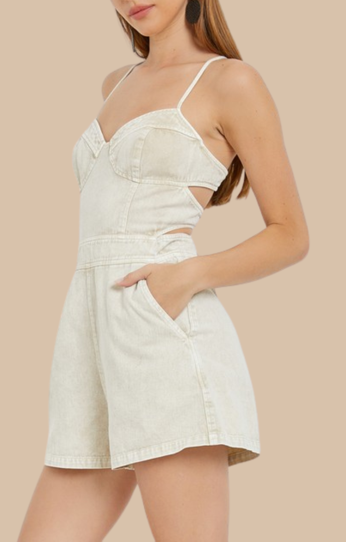 Mustard Seed Ecru Sleeveless Open Back Denim Romper