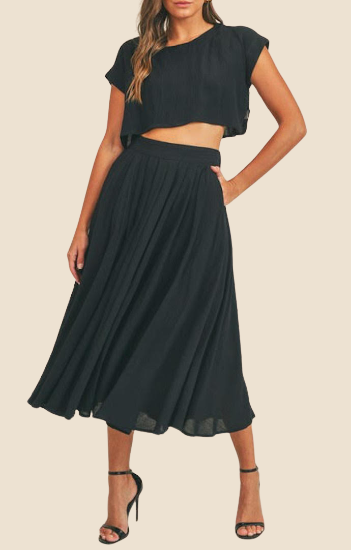 Mable black crop top and midi skirt set