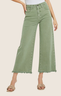 Risen Olive High Rise Tummy Control Cropped Wide Leg Jeans