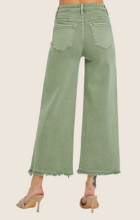 Risen Olive High Rise Tummy Control Cropped Wide Leg Jeans