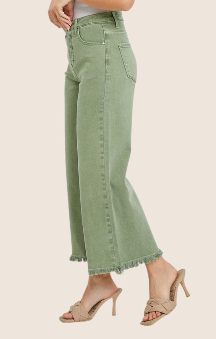 Risen Olive High Rise Tummy Control Cropped Wide Leg Jeans