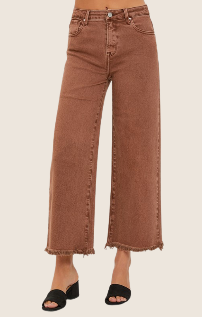 Risen Espresso High Rise Crop Wide Leg Jeans 