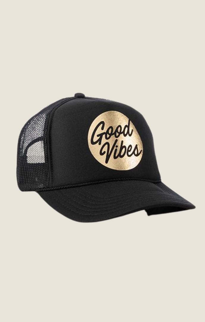 Local Beach Black And Gold "Good Vibes" Mesh Back Trucker Hat