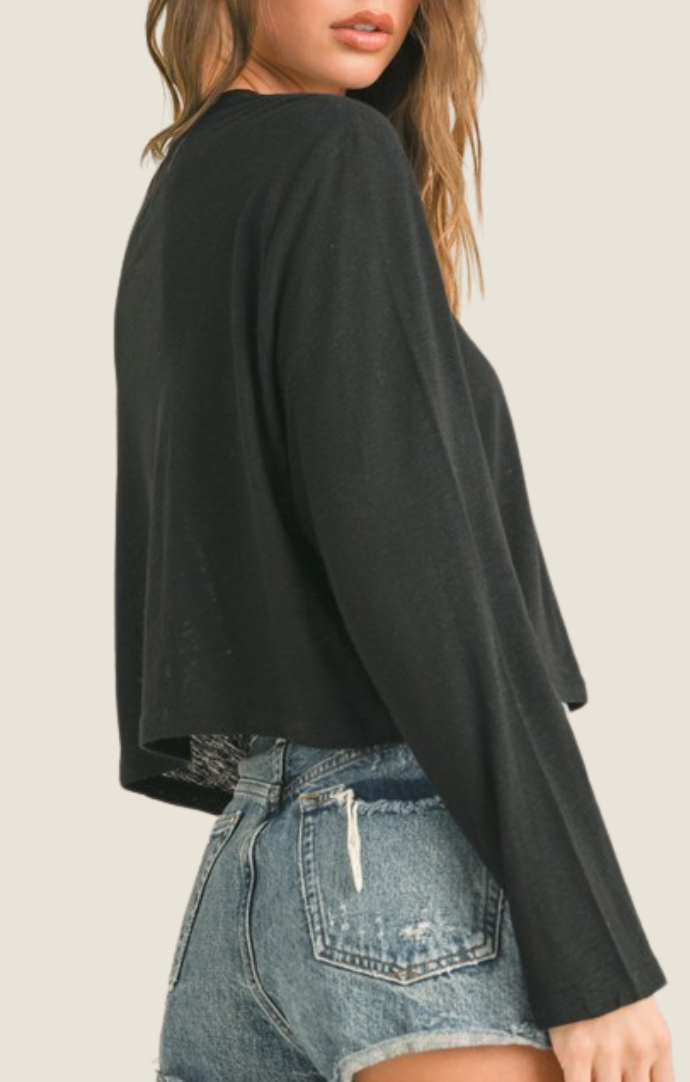 Miou Muse Black Linen Blend Basic Long Sleeve Tee