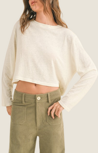 Miou Muse Off White Linen Blend Basic Long Sleeve Slight Crop Tee