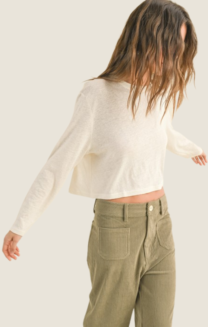 Miou Muse Off White Linen Blend Basic Long Sleeve Slight Crop Tee