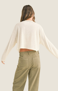 Miou Muse Off White Linen Blend Basic Long Sleeve Slight Crop Tee