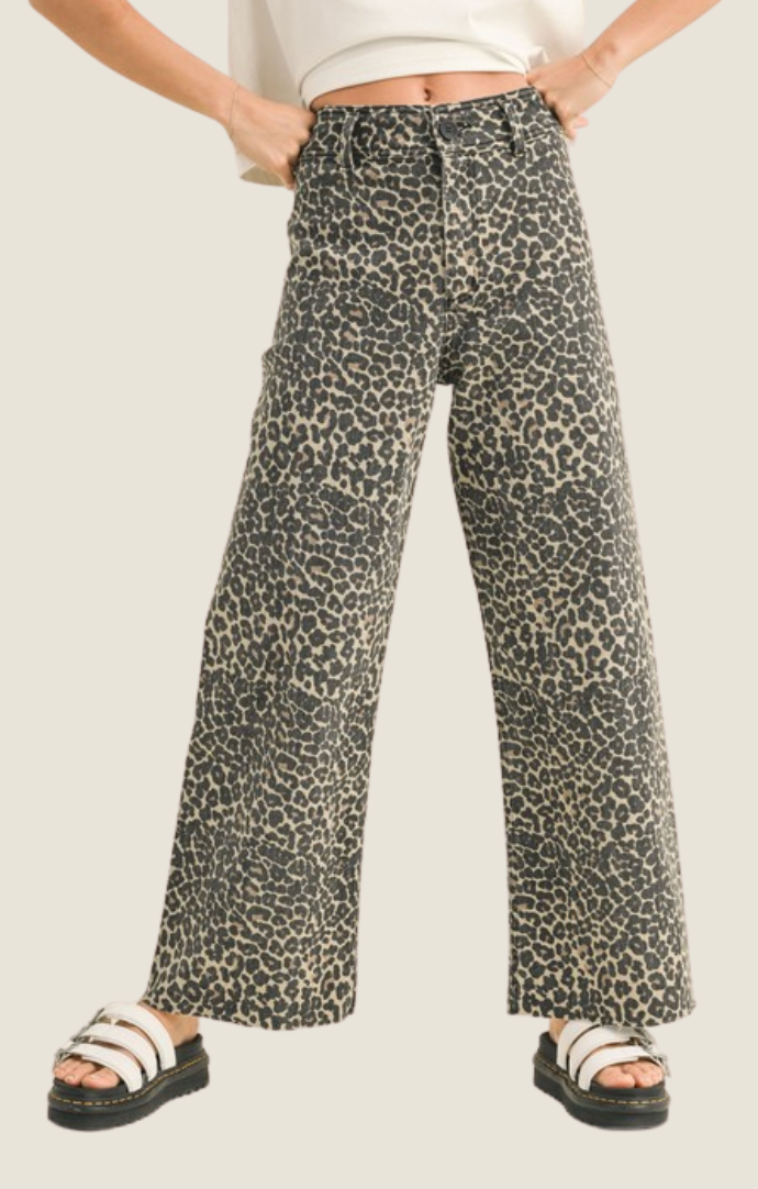 Miou Muse Leopard Print High Waist Wide Leg Jeans