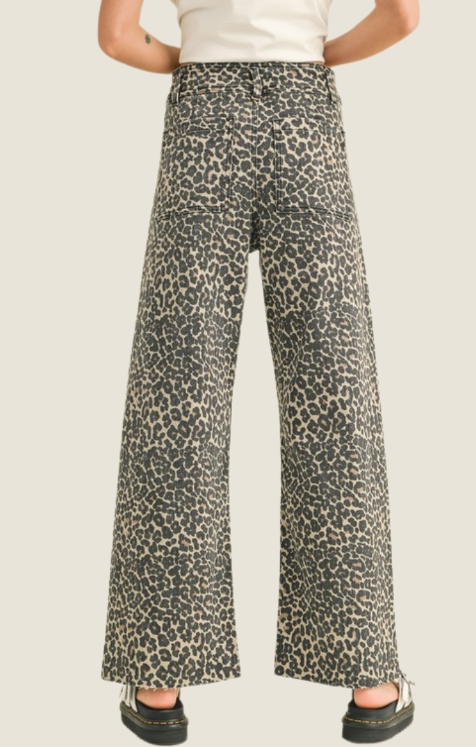 Miou Muse Leopard Print High Waist Wide Leg Jeans