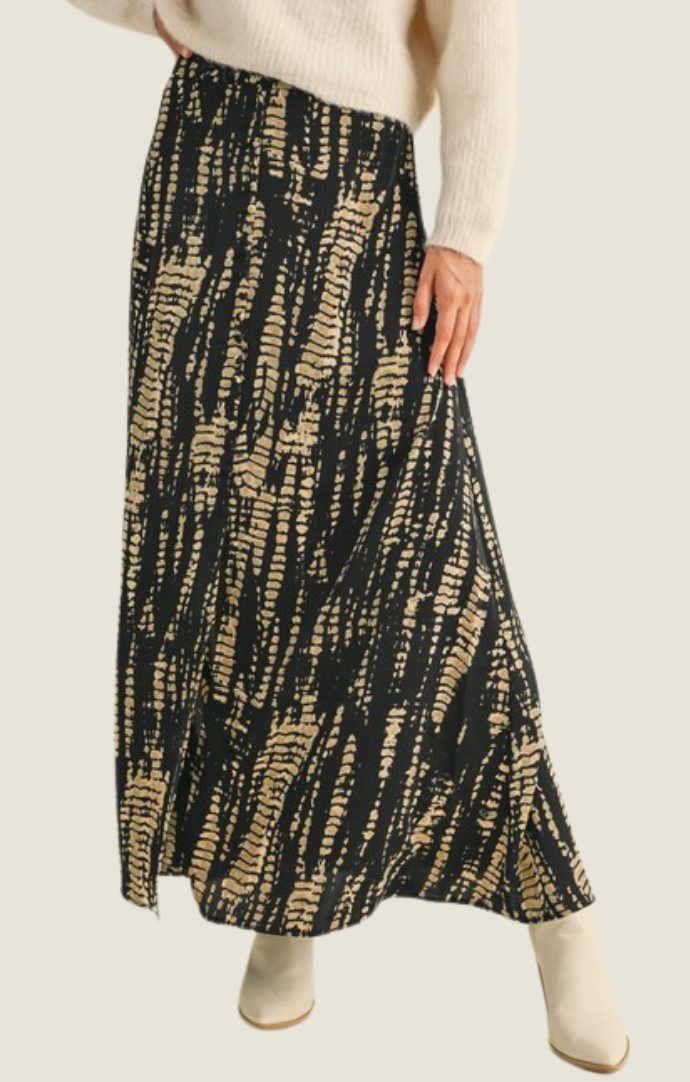 Miou Muse Black/Tan Printed Flowy Silk Slip Maxi Skirt