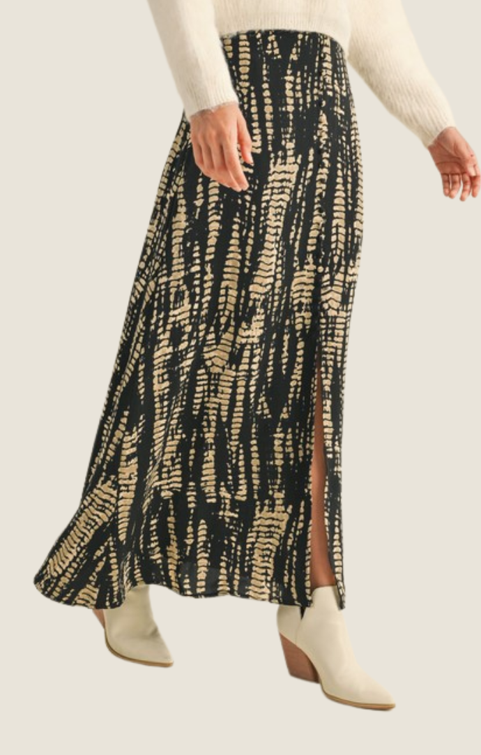 Miou Muse Black/Tan Printed Flowy Silk Slip Maxi Skirt