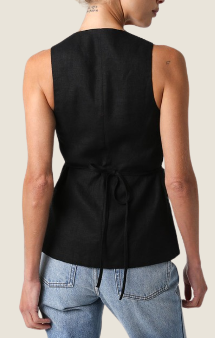 Olivaceous Black Linen Button Front Square Neck Vest