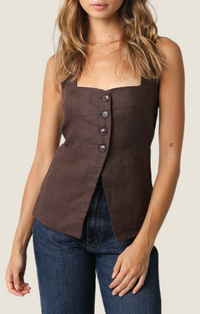 Olivaceous Coffee Brown Linen Button Front Square Neck Vest