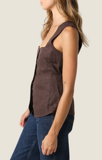 Olivaceous Coffee Brown Linen Button Front Square Neck Vest