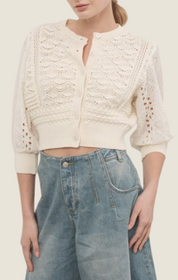 Aaron & Amber Cream 3/4 Sleeve Embroidered Cardigan