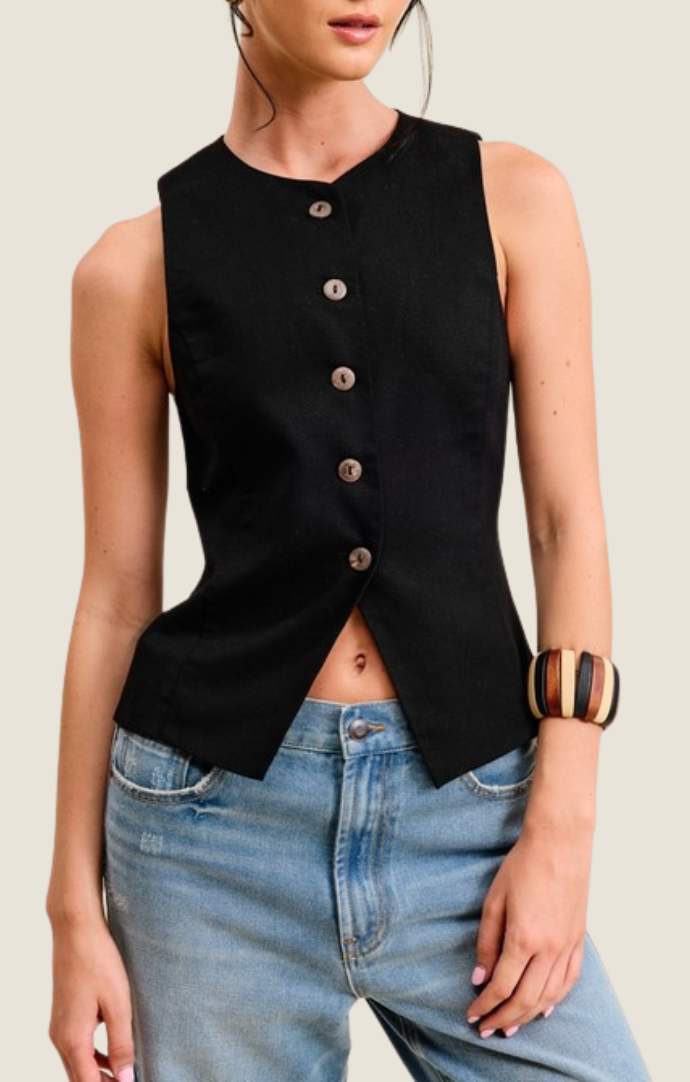 Mimosa Black Fitted Button Front Vest Top