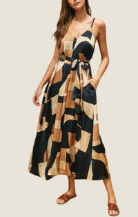 Dress Forum Taupe/Black Geometric Abstract Print Spaghetti Strap Maxi Dress